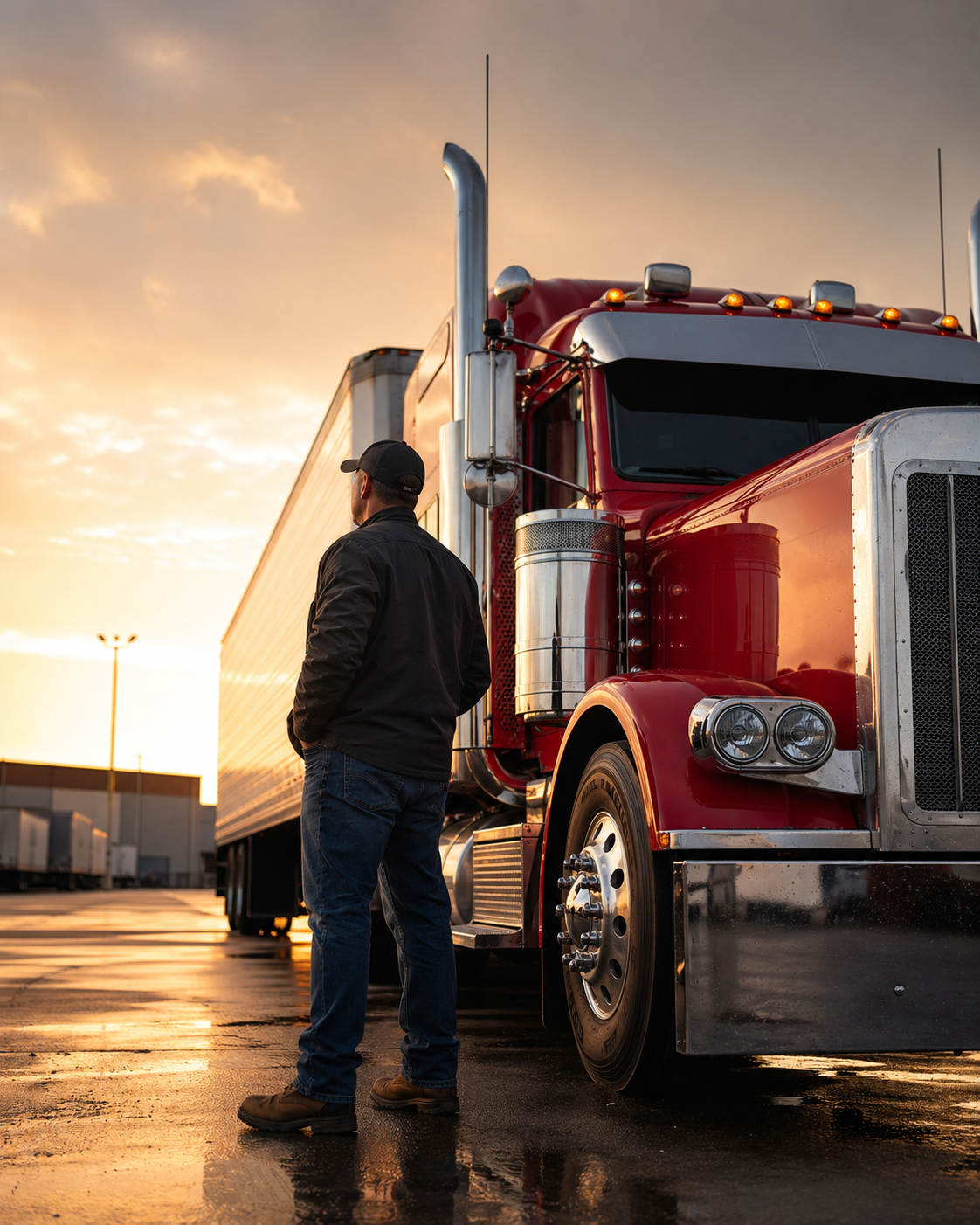 Professional driver standing beside a red semi truck
