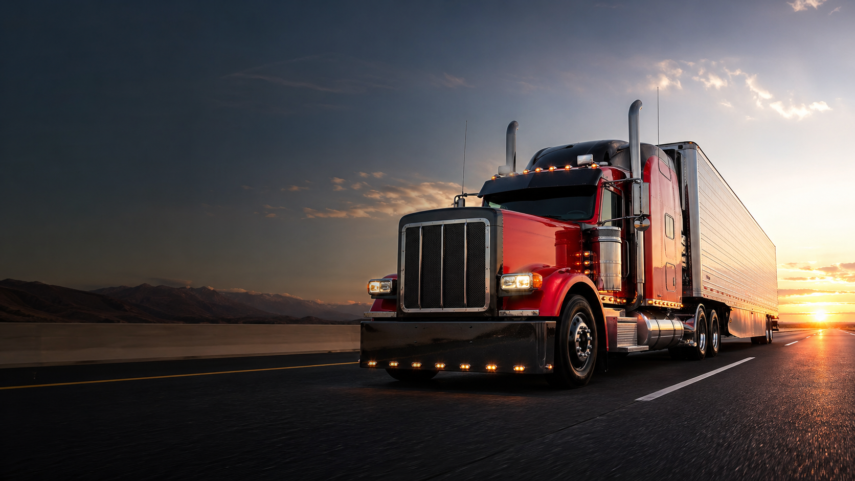Red semi truck hauling a white trailer on the highway at sunrise